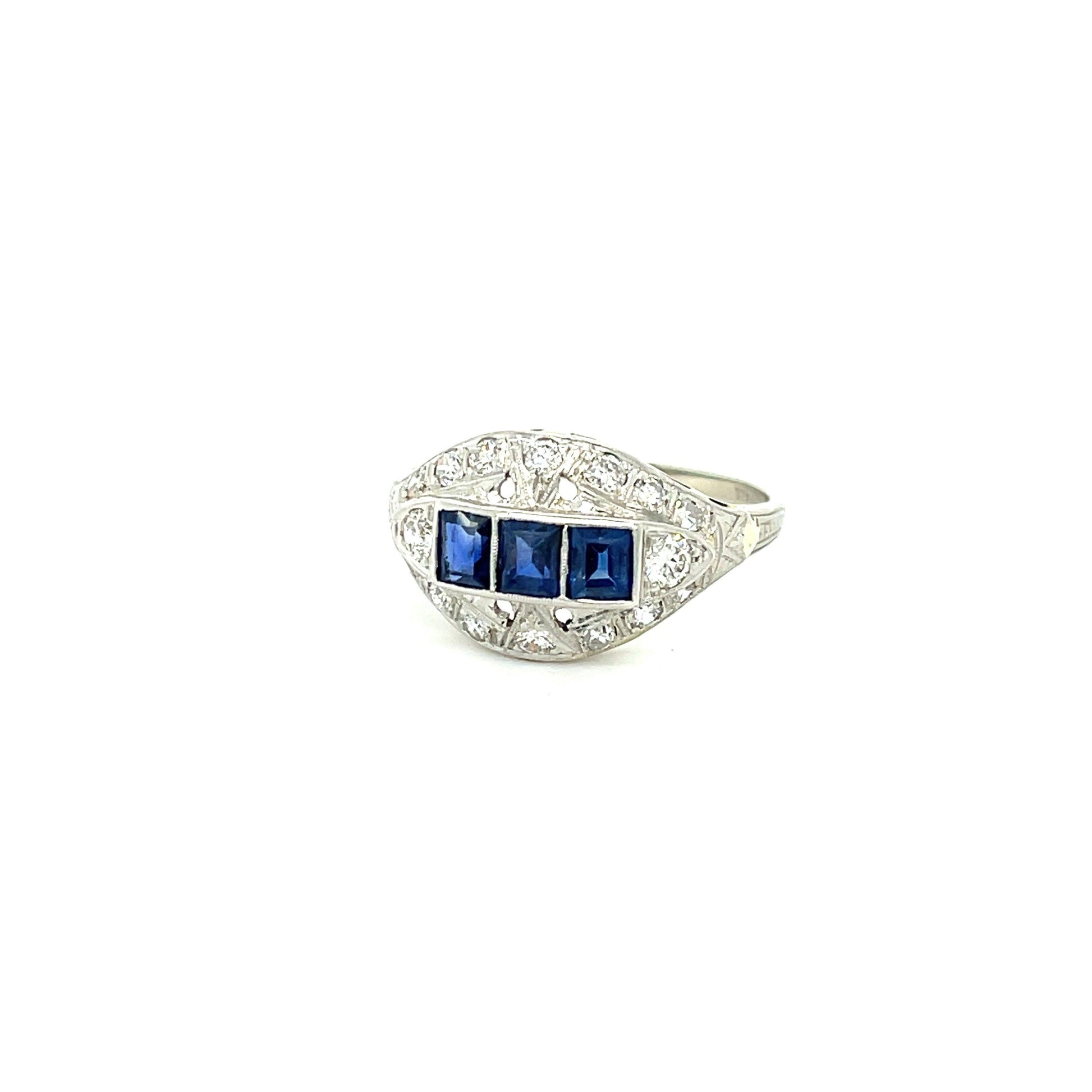 .60ct Square Sapphires .55ct Diamonds Platinum/18KW Vintage Ring