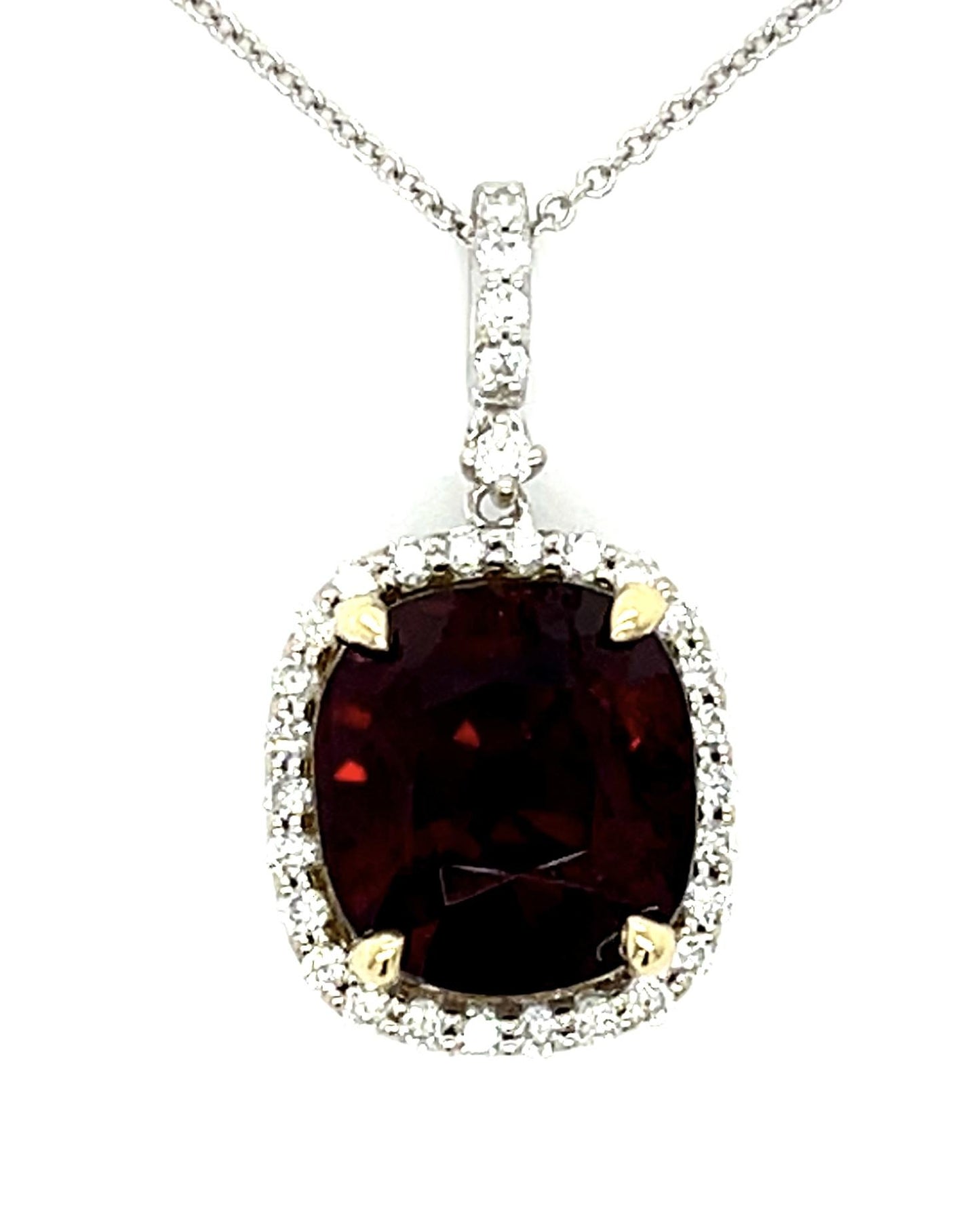 6.40ct Red Garnet .34ct Diamond 14KW Pendant 5.10g 16" Length Chain