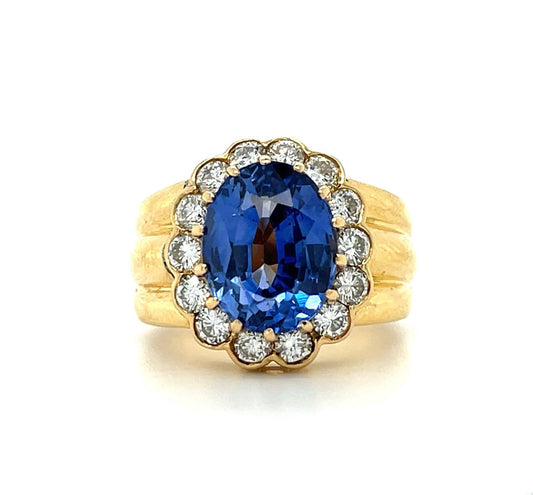 6.47ct GIA Sri Lanka Heated Blue Oval Sapphire 1.01ct Diamond 18KY Vintage Ring
