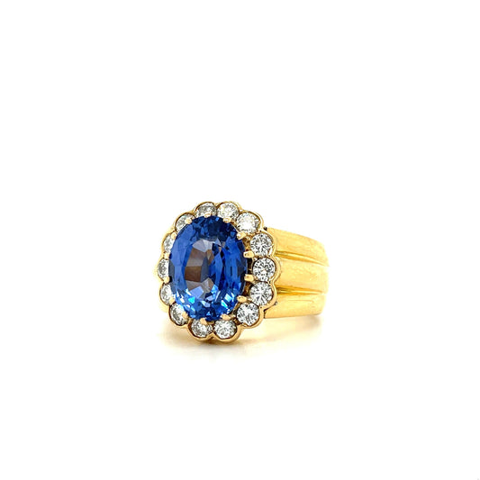 6.47ct GIA Sri Lanka Heated Blue Oval Sapphire 1.01ct Diamond 18KY Vintage Ring