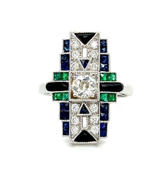 .39ct Old European Cut Center Diamond 1.30ct French Cut Sapphires .50ct French Cut Emeralds .22ct SD, Onyx 18KW Handmade Ring