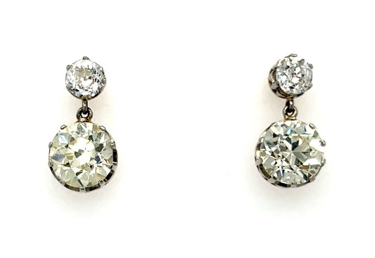 Diamond Platinum/18KY Drop Earrings 4.30ct Old European Cut Diamonds (Two Centers) .50ct SD