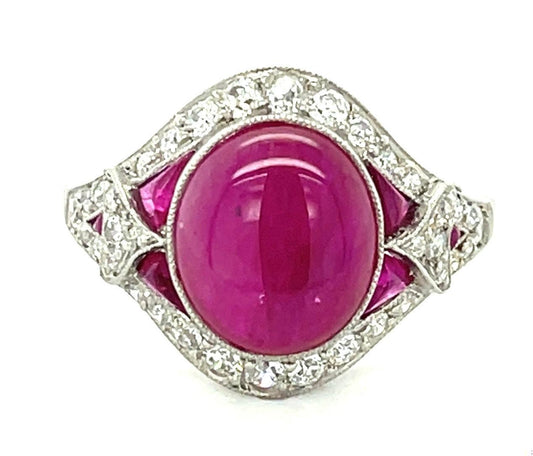 6.50ct Cabochon Ruby PT Handmade Ring .88ct Old European Diamonds .50ct Rubies