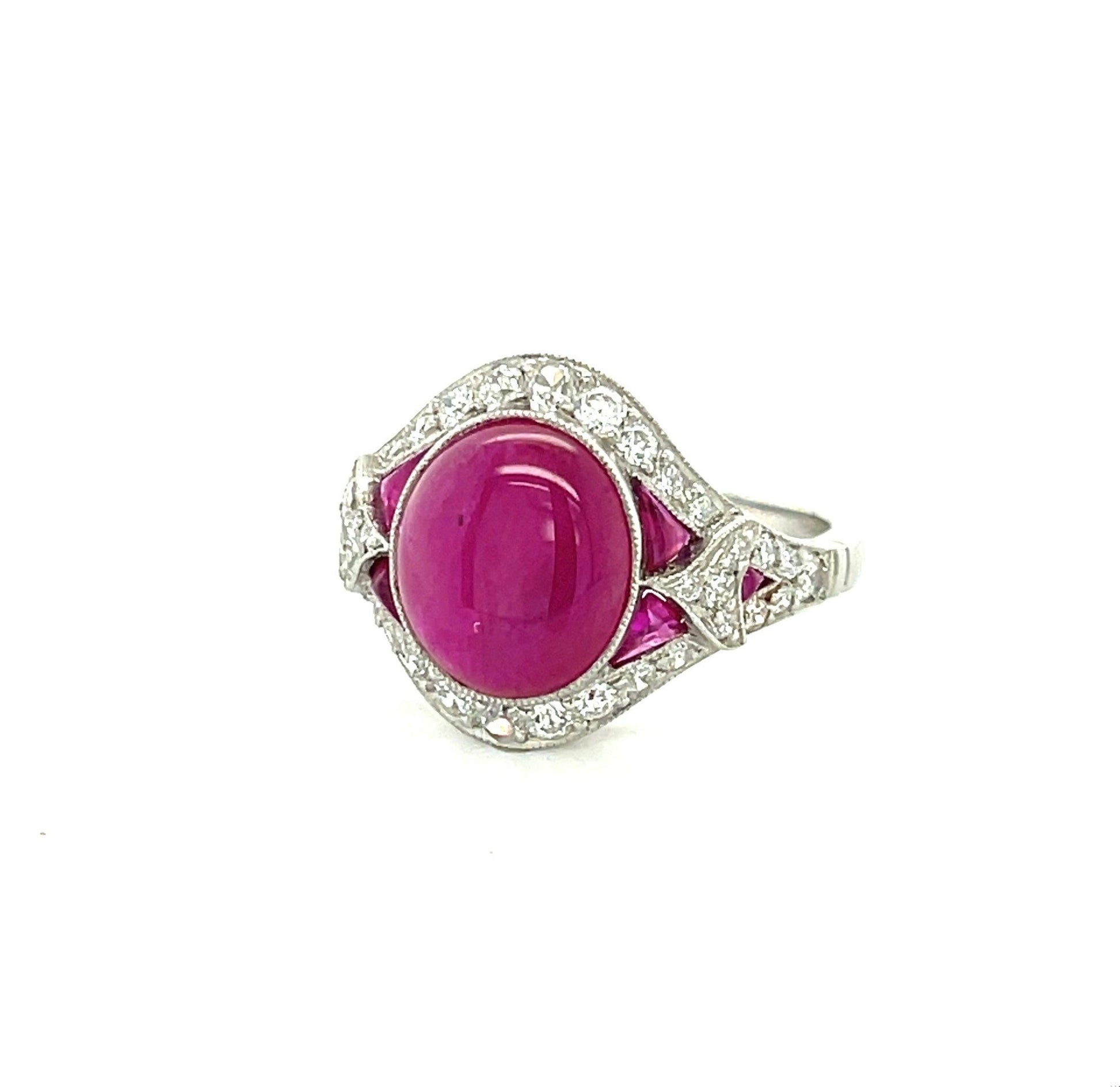 6.50ct Cabochon Ruby PT Handmade Ring .88ct Old European Diamonds .50ct Rubies