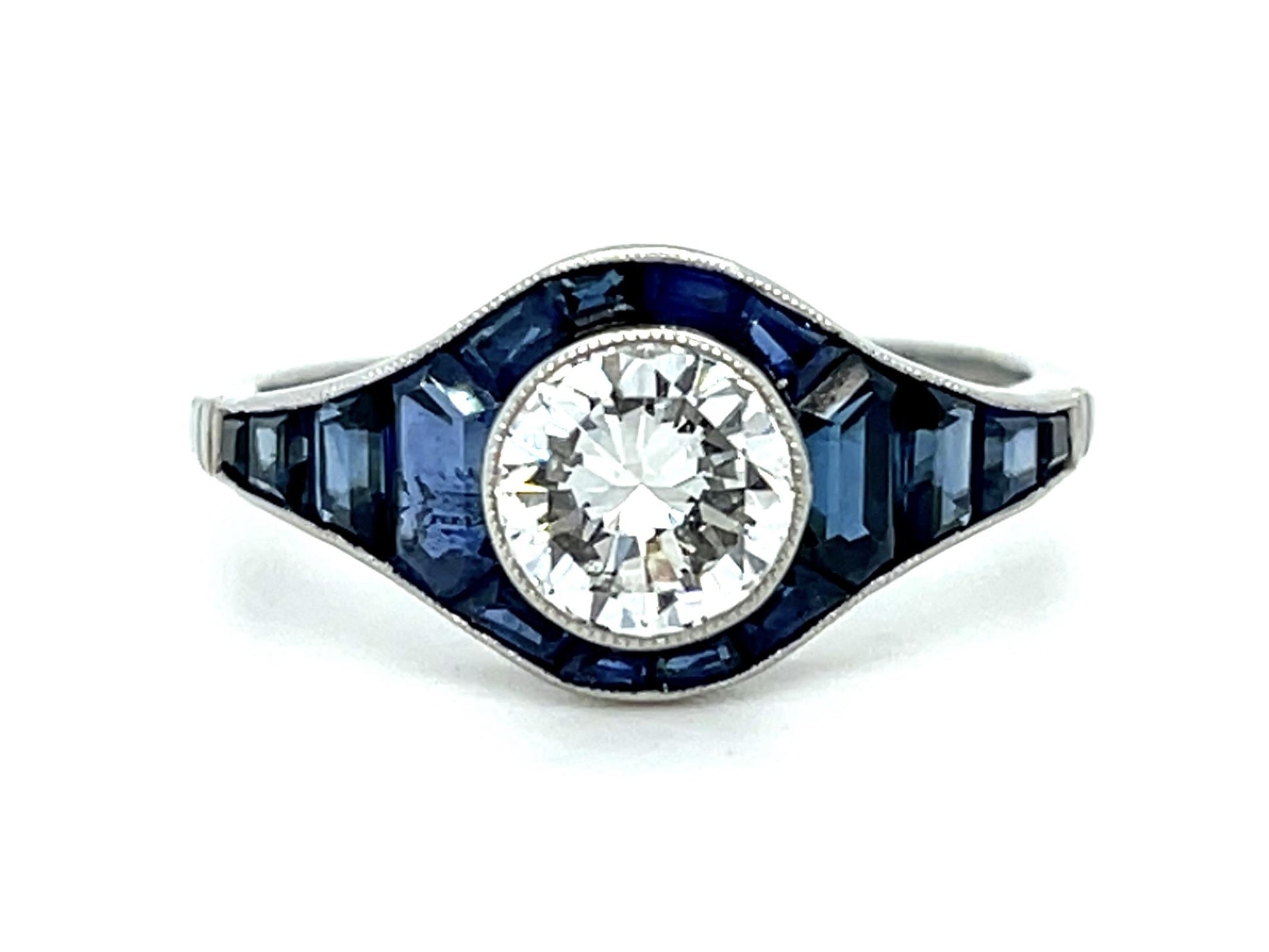 1.06ct Round Brilliant Diamond 1.44ct Sapphires Platinum Handmade Ring 4g 7.50 S