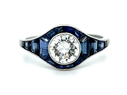 1.06ct Round Brilliant Diamond 1.44ct Sapphires Platinum Handmade Ring 4g 7.50 S