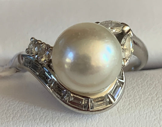 PT Akoya Pearl & Diamond Ring 0.55ct twt(dia) Circa 1960s ESTATE Size 5.50