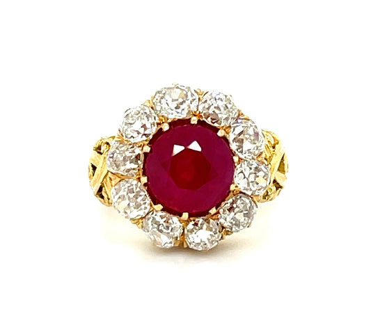 Victorian Era 2.99ct Ruby GIA Burma Heated 18KY Antique Ring (Circa 1880s) 2ct Old Mine Cut Diamonds