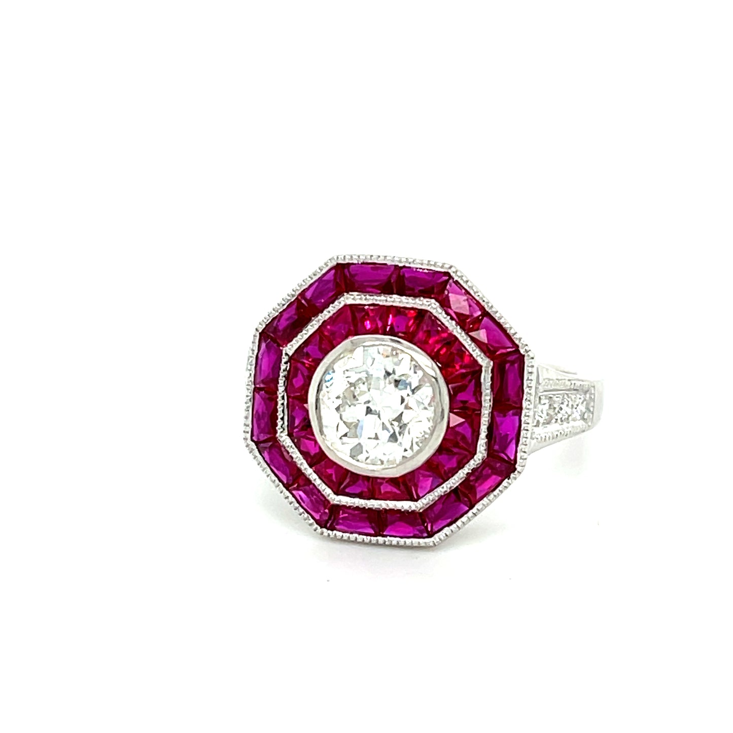 1.23ct Old European Cut Diamond Platinum Ring 2.60ct Calibre Rubies .12ct SD