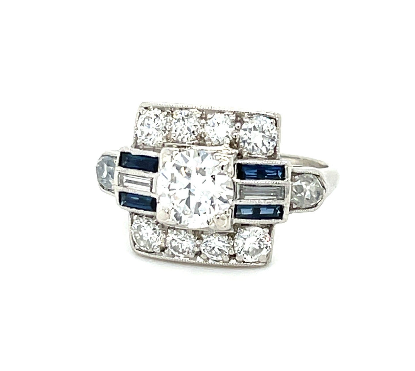 Art Deco (Circa 1930s) .84ct Old European Cut Center Diamond Platinum Vintage Ring .40ct Sapphires 1.15ct SD