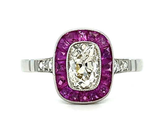.84ct Cushion Diamond .90ct Ruby Platinum Handmade Ring .18ct SD 4.20g 6.50 Size