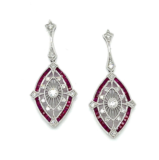 1.12ct Ruby Platinum Drop Earrings .37ct Diamonds 1.25 Length 7g