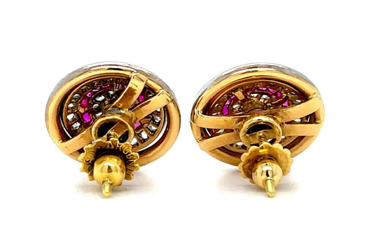 Art Deco 1.50ct Diamonds .40ct Ruby PT + 18KY Stud Earrings (Antique 1930s)