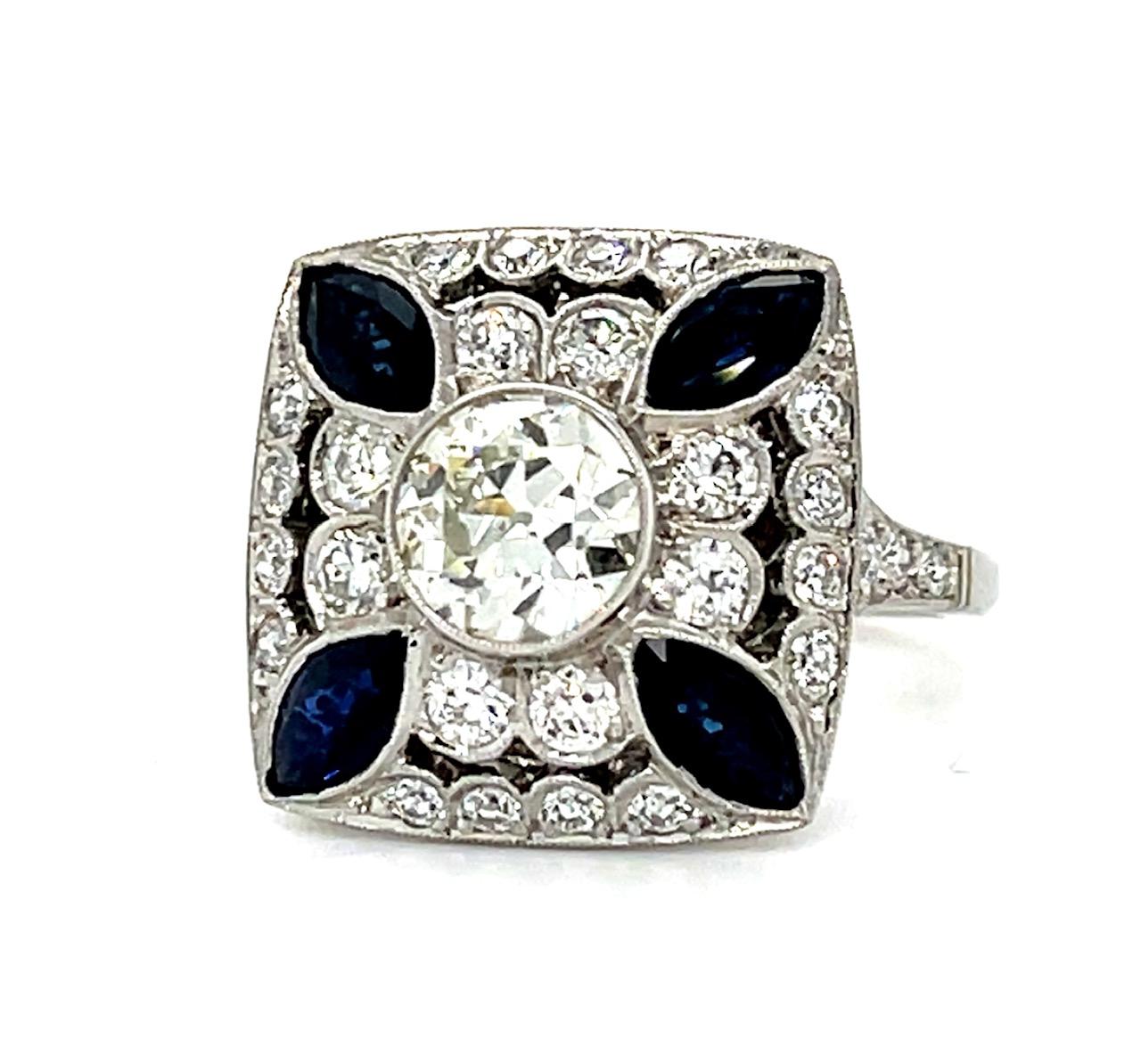 .97ct Old European Cut Diamond 1ct Sapphire .90ct SD Platinum Handmade Ring 6.73