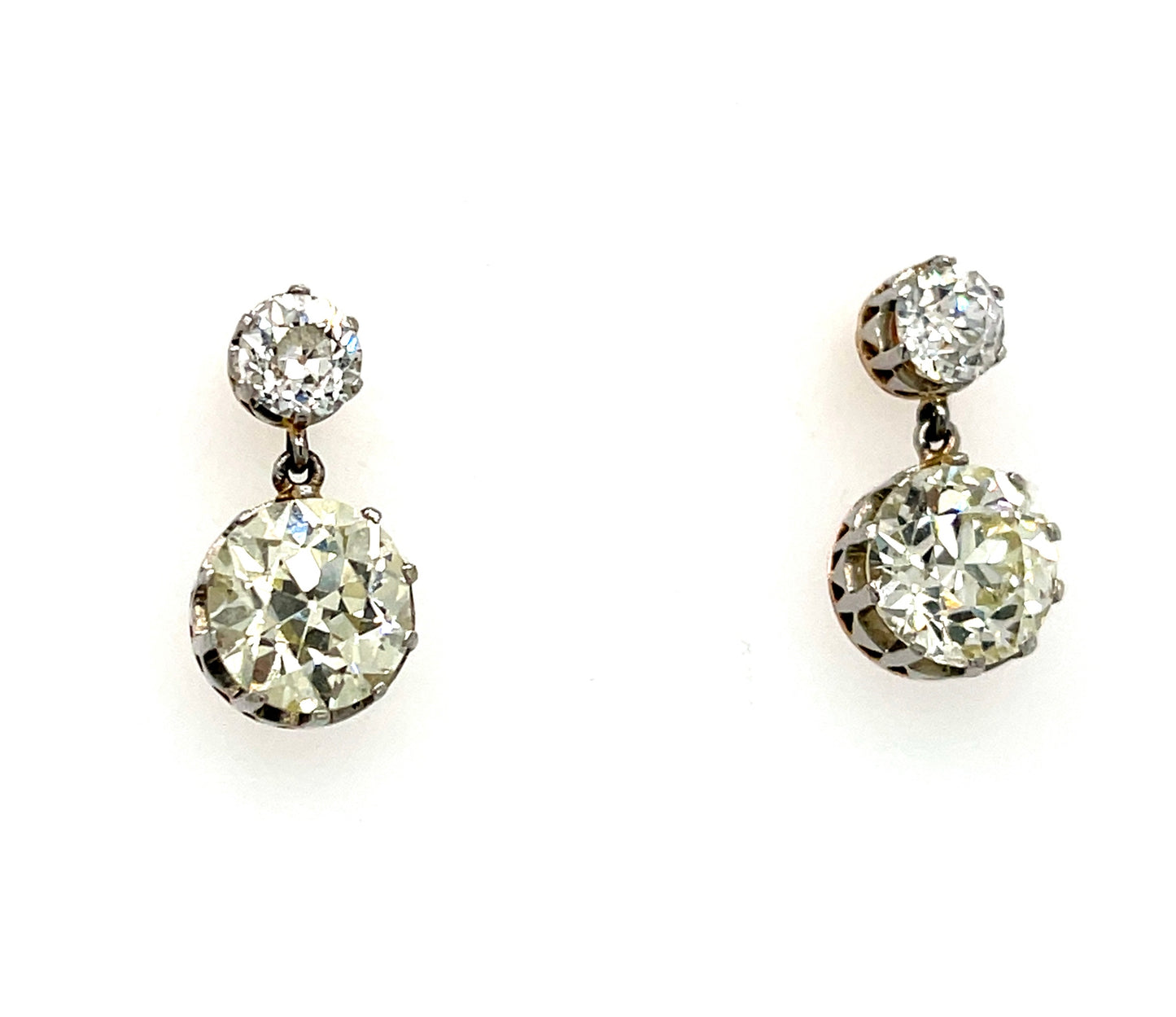 Diamond Platinum/18KY Drop Earrings 4.30ct Old European Cut Diamonds (Two Centers) .50ct SD