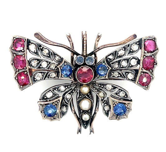 Victorian 10KY+Silver Antique Butterfly Brooch (English Circa 1880s) 1.60ct Ruby 1ct Sapphire 1ct Diamond