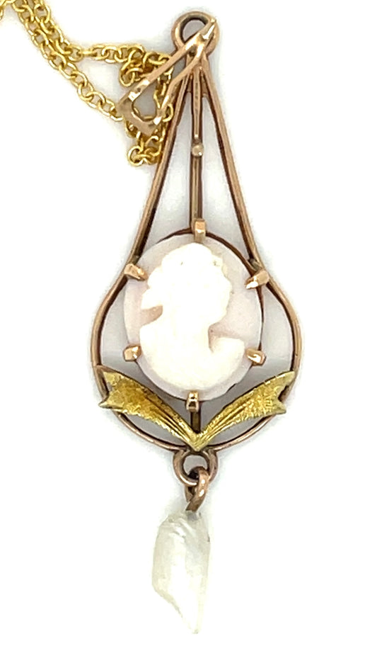 Victorian 10KY Pearl Carved Lava Liere Cameo ESTATE 14K Chain Length 16