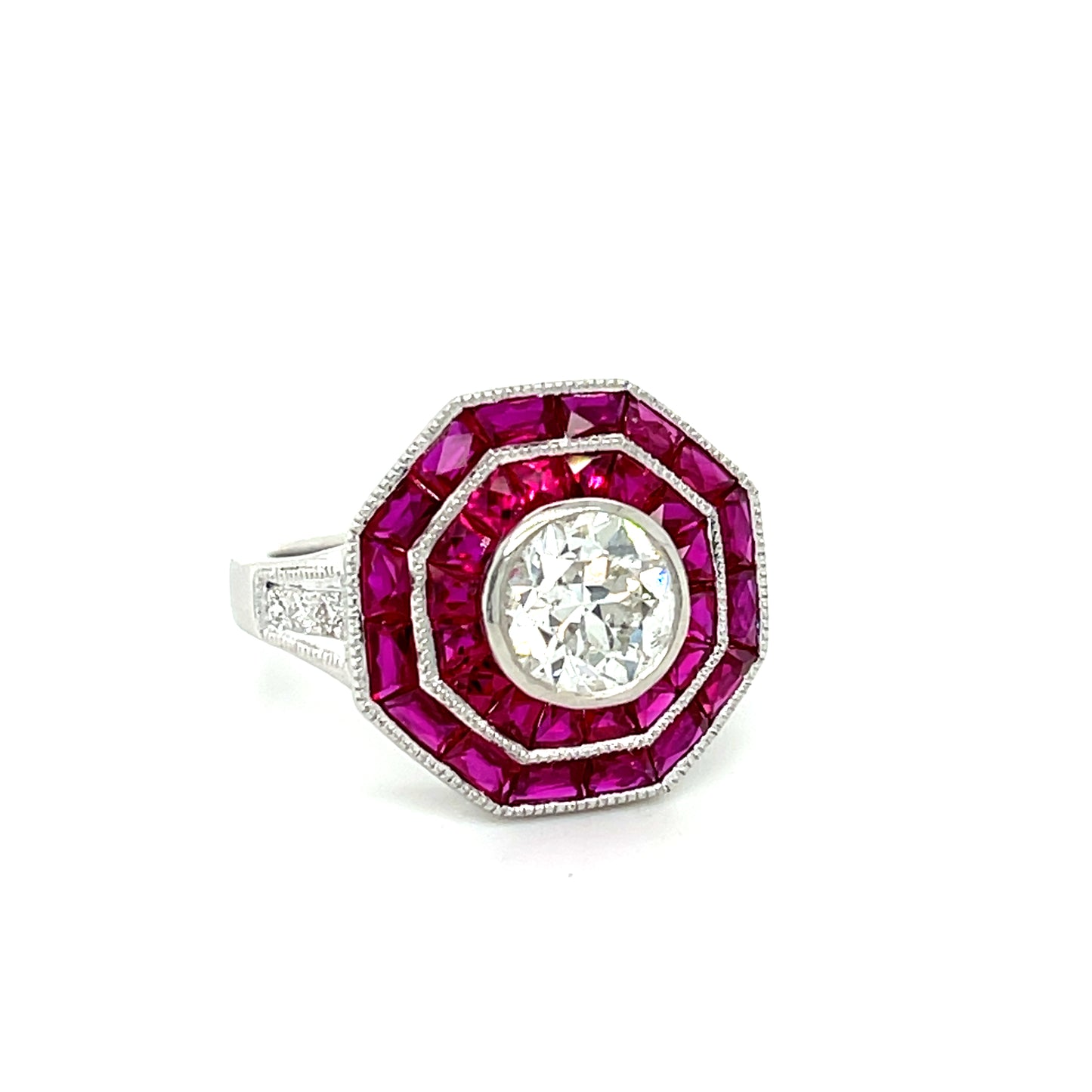 1.23ct Old European Cut Diamond Platinum Ring 2.60ct Calibre Rubies .12ct SD