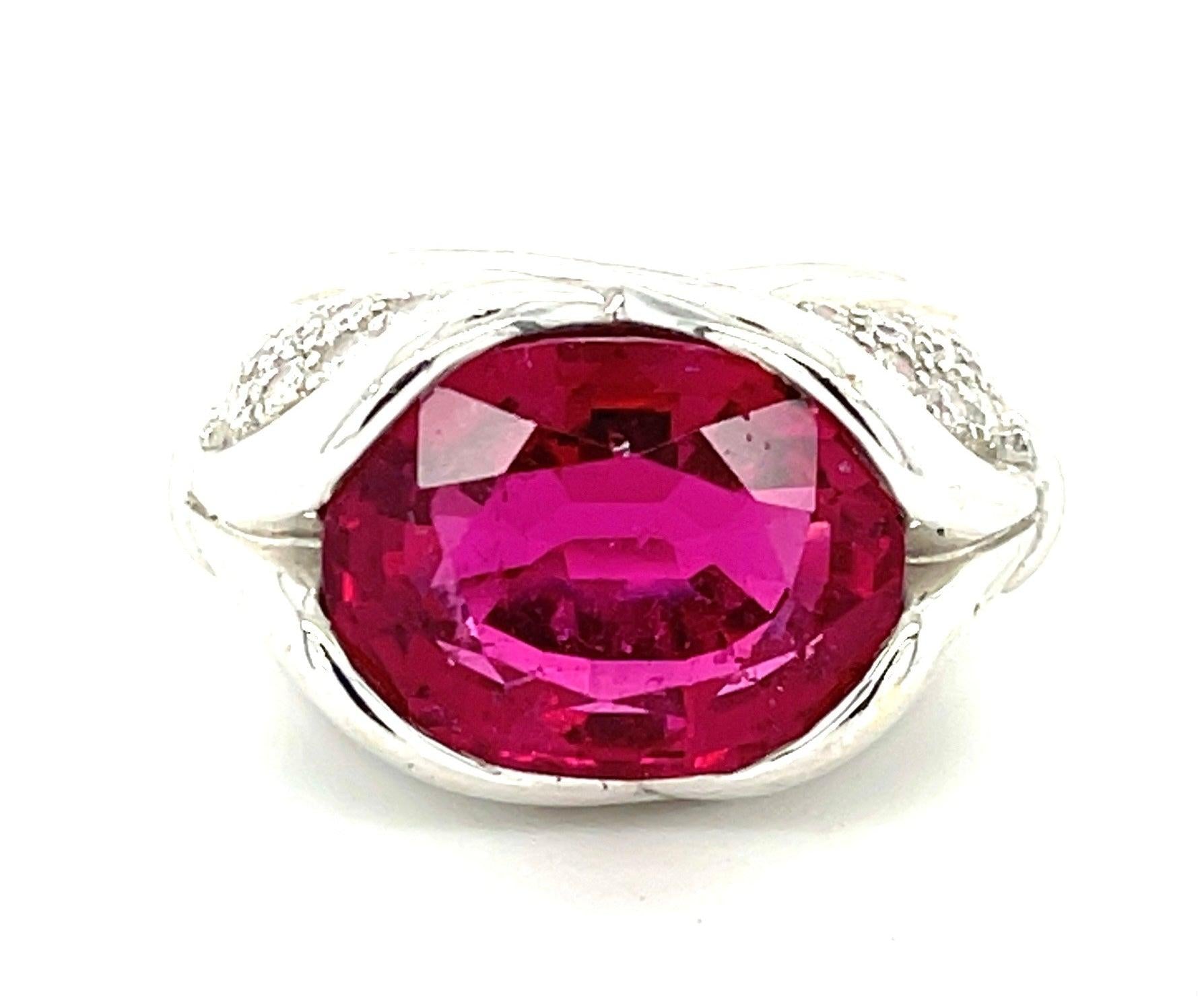 7.30ct Rubellite Tourmaline .54ct Diamond 18KW Vintage Ring (Circa 1980s) 12.4gr