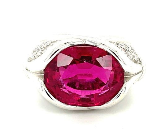 7.30ct Rubellite Tourmaline .54ct Diamond 18KW Vintage Ring (Circa 1980s) 12.4gr