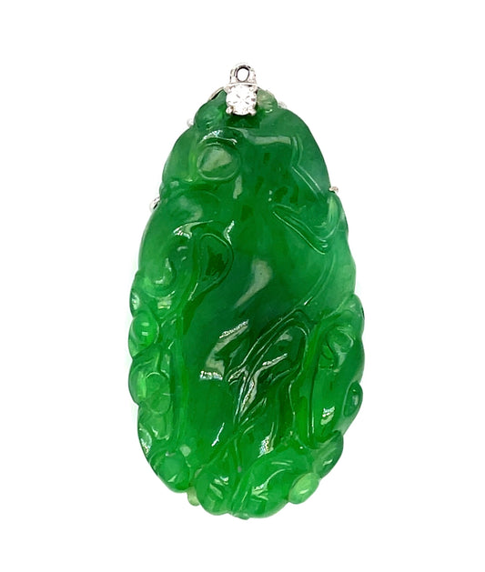 66ct Fei Cui Carved Translucent A Jadeite Jade (GIA) Pendant 18KW (Vintage Circa 1950s) .10ct Diamond