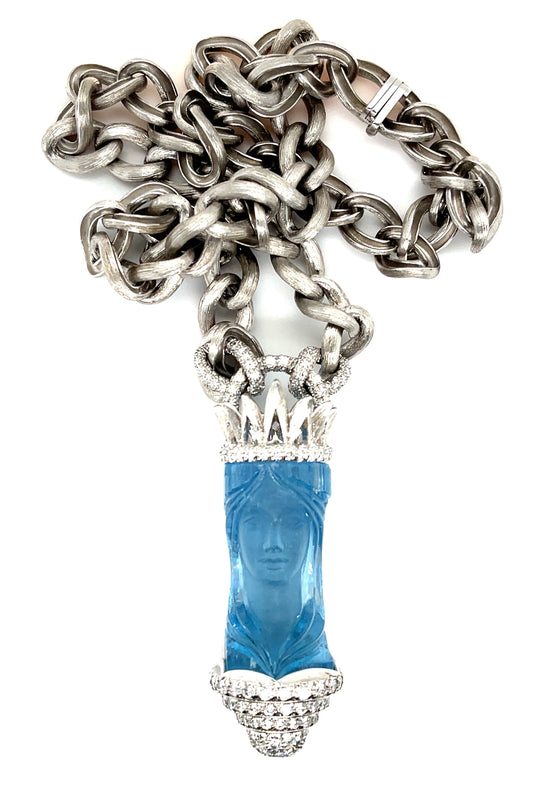 Henry Dunay 108ct Carved Female Aquamarine Pendant Set in Platinum+ Chain Link Metal Necklace