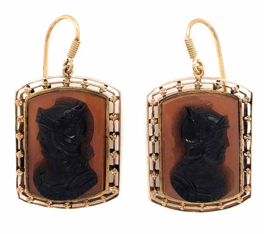 14KY Victorian Hardstone + Carved Cameo Earrings 12.2gr Circa 1870s