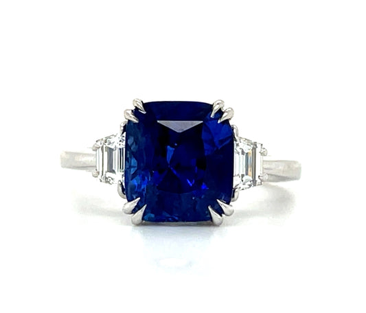 5.24ct Royal Blue Sapphire Ring Platinum .47ct Trapezoid Diamonds