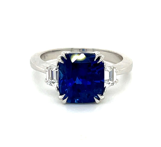 5.24ct Royal Blue Sapphire Ring Platinum .47ct Trapezoid Diamonds