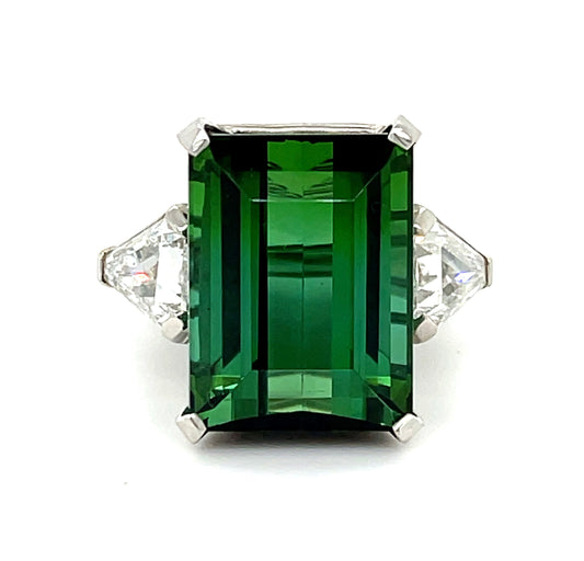 29.52ct Green Emerald Cut Tourmaline Platinum Ring 1.90ct Diamonds