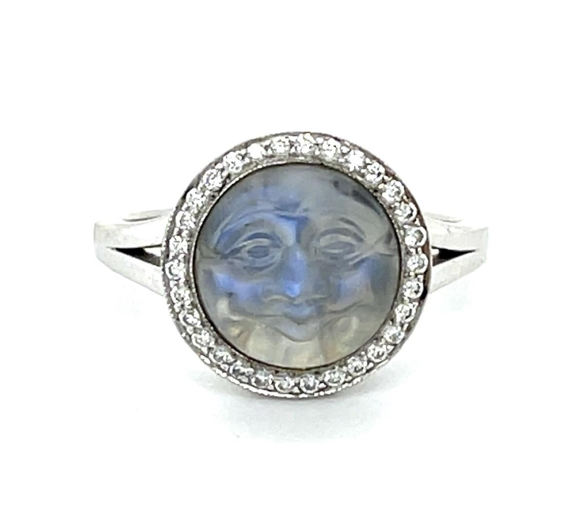 Carved Smiling Moon Moonstone .30ct Diamond 18KW Ring (Vintage 1950s) 3.60g 6 Si