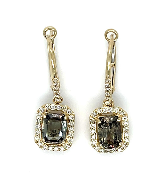 1.24ct + 1.03ct Alexandrite Excellent Color Change 14KY Drop Earrings