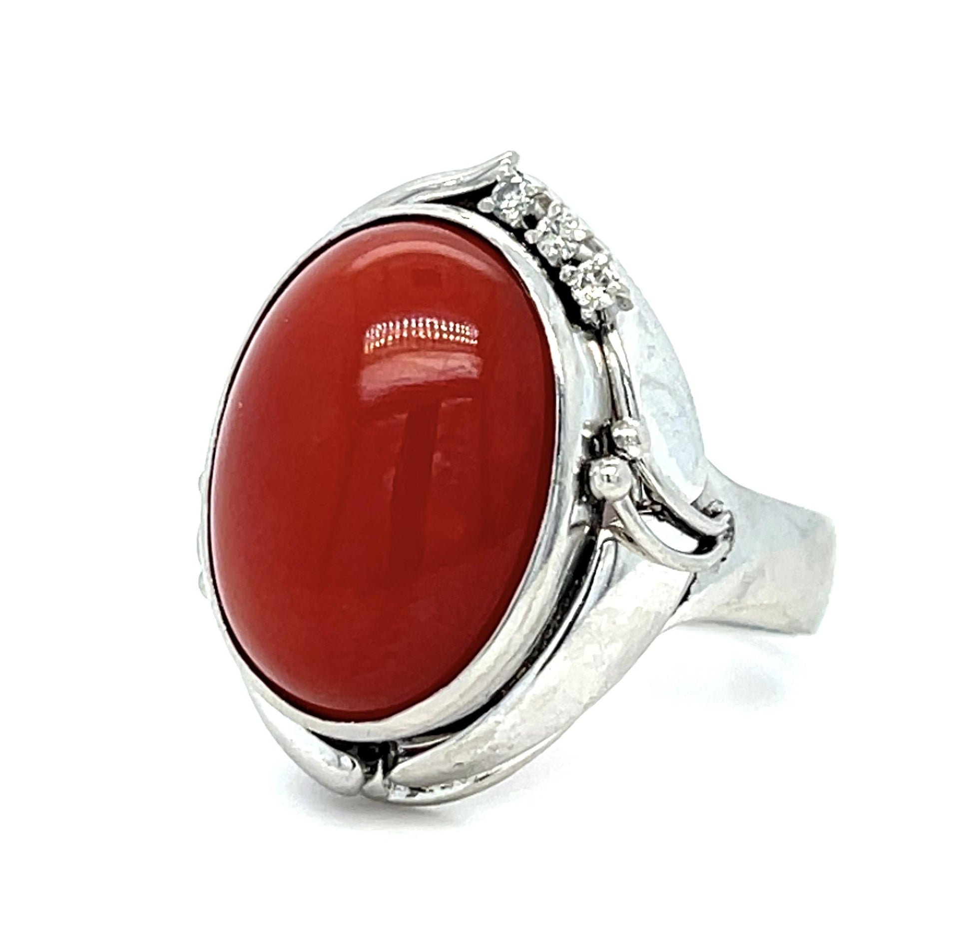 6ct Red Coral .06ct Diamond Platinum Ring 10.60g 6 Size