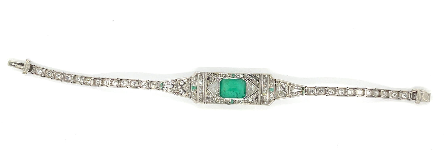 Art Deco 4.46ct Emerald Bracelet Platinum (Antique Circa 1920s) 5.75ct Diamonds (114 Stones)