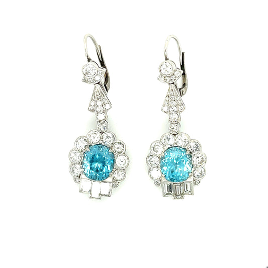 Art Deco 8.41ct Zircon 4.10ct Diamonds PT Drop Earrings (Vintage 1930s)