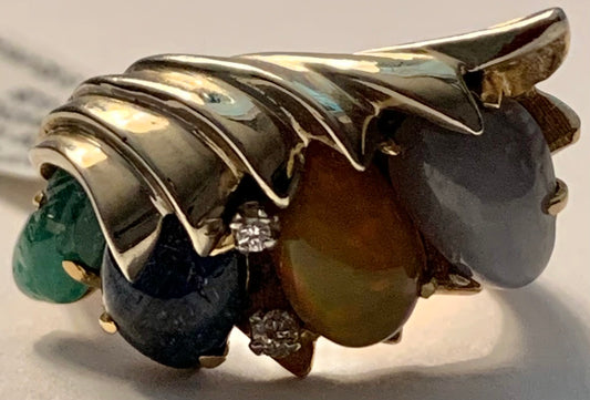 14K2T Sapphire, Emerald, Opal Ring 10.9gr 7.50ct(gems) Circa 1960s