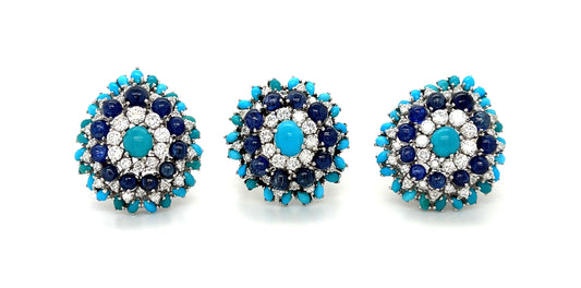 Sapphire, Diamond and Turquoise Platinum Set (Vintage Circa 1950s) Matching Ring and Earrings 1.10ct Diamonds 2.24ct Sapphires