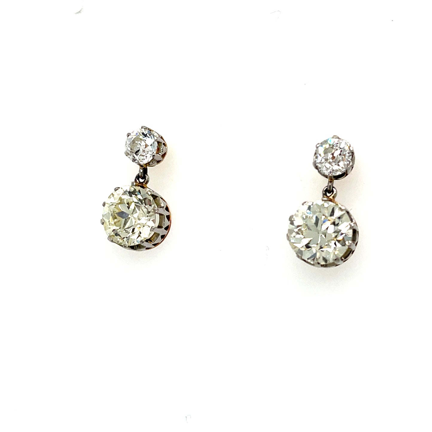 Diamond Platinum/18KY Drop Earrings 4.30ct Old European Cut Diamonds (Two Centers) .50ct SD