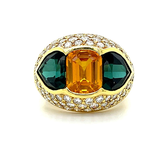 Three Stone Ring 4.50ct GIA Orangy Yellow Cushion Sapphire 7ct Green Tourmaline 2.70ct Diamond