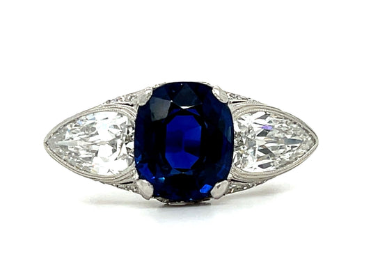 Art Deco 5.10ct GIA Cambodian No Heat Sapphire Platinum Ring (Vintage Circa 1930s) 2ct Pear Shaped Diamonds