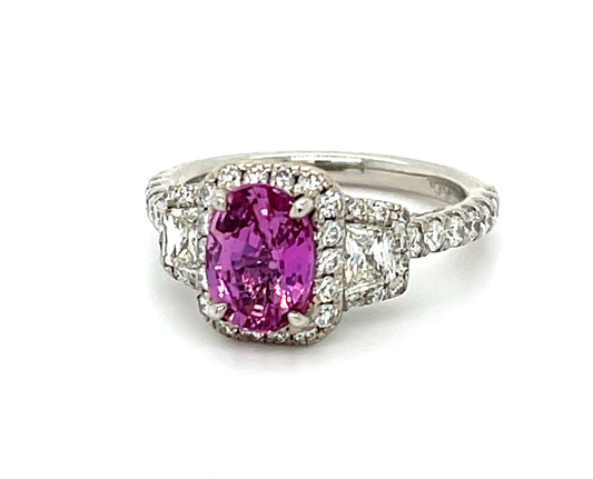 1.66ct Oval Pink Sapphire 18KW Ring 1.75ct Diamonds Signed Gabriel & Co.