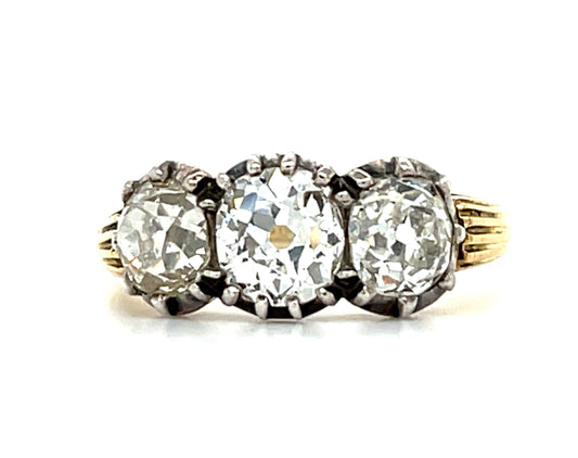 Victorian (Circa 1860s) Diamond Antique 18K+Silver Three Stone Ring 1.95ct (Three) Old Mine Cut Diamonds