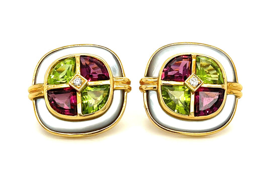 8ct Peridot 8ct Garnet Mother of Pearl .08ct Diamond 18KY Vintage Earrings