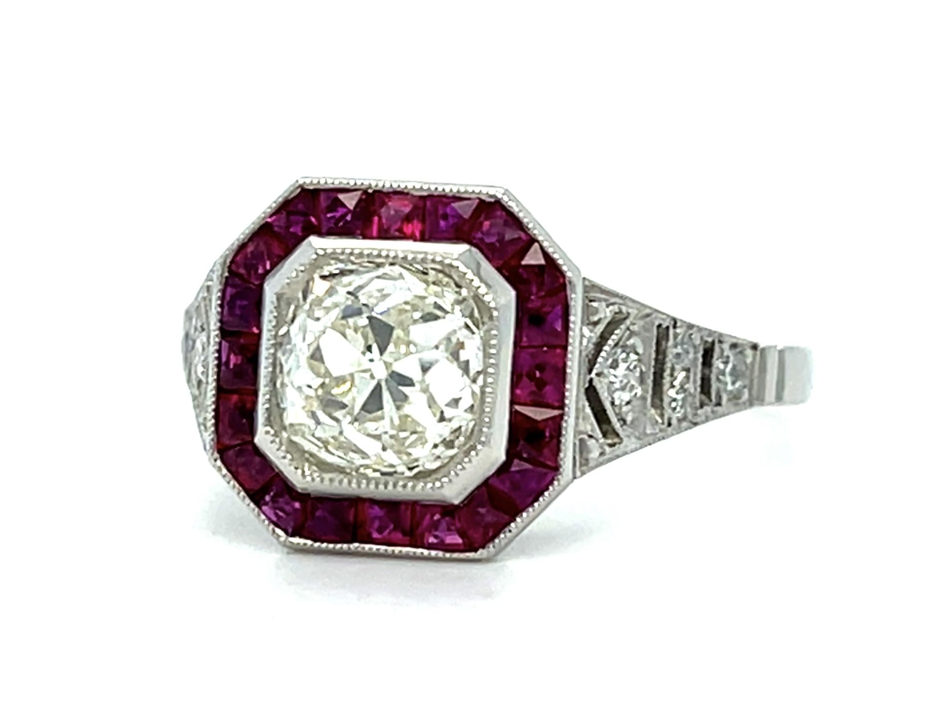 1.25ct Old Mine Diamond 1ct Ruby Platinum Handmade Ring .18ct SD 2.60g 7 Size