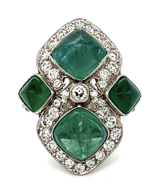 7.80ct Sugarloaf Cabochon Emeralds .91ct Diamonds Platinum Handmade Ring 7 Size