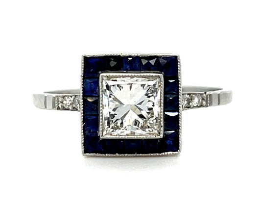 1.02ct Princess Diamond .80ct Sapphire Platinum Handmade Ring .10ct SD 2.80g