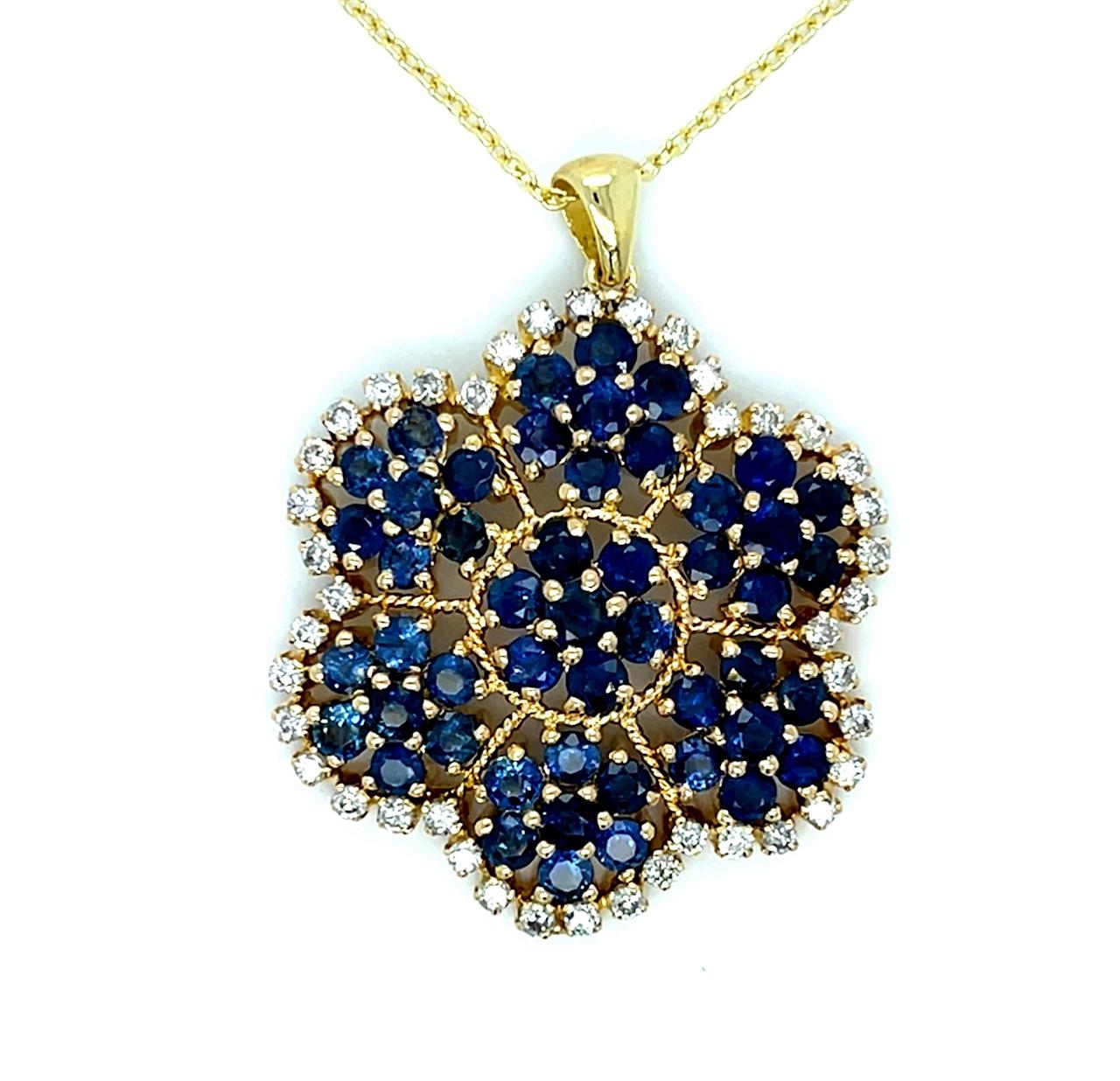 French 6ct No Heat Sapphires (No Heat) .90ct Diamond 18KY Pendant (Vintage 1960s