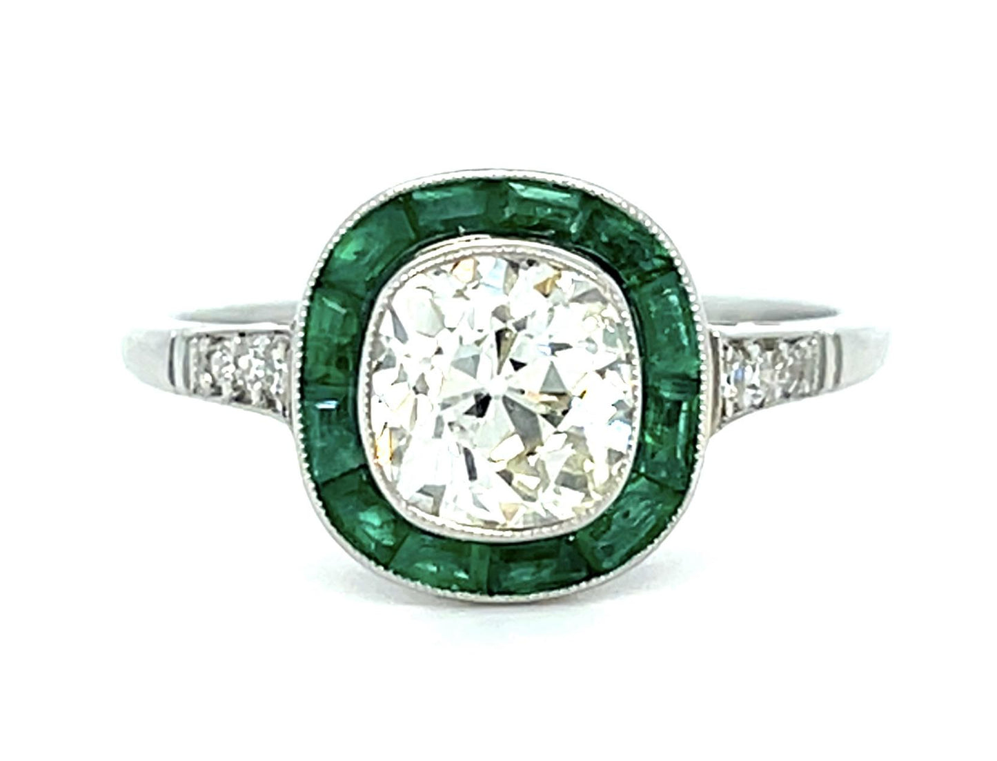 1.18ct Old Mine Diamond .78ct Emerald Platinum Handmade Ring 3.90g 6.75 Size