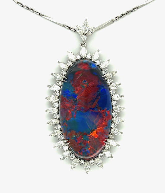 54.28ct Rare Red Lightning Ridge Australian Black Opal Platinum Pendant 12ct Dia