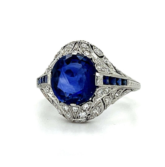 Art Deco 3.78ct Sapphire PT Antique Ring (c 1920s) .68ct Dia .55ct Side Sap